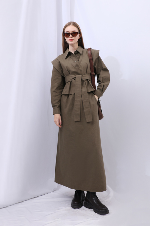 Süveterli Gömlek Etek Takım Kahverengi - 13