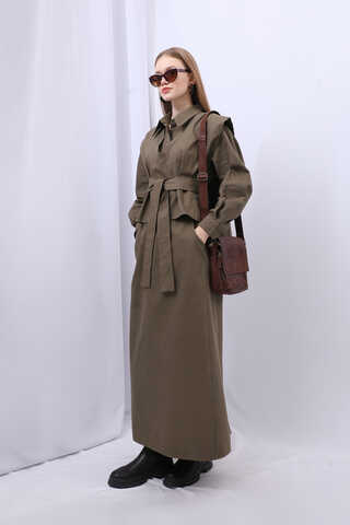 Süveterli Gömlek Etek Takım Kahverengi - 14