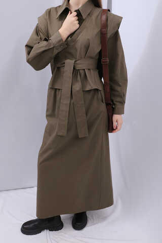 Süveterli Gömlek Etek Takım Kahverengi - 12