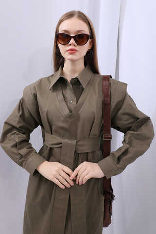 Süveterli Gömlek Etek Takım Kahverengi - 16