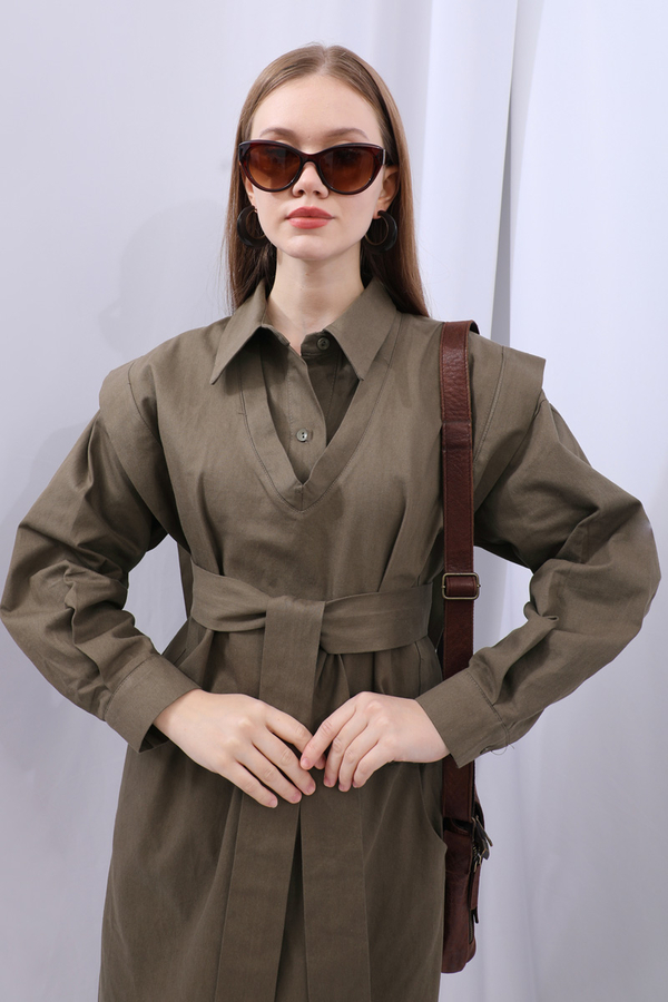 Süveterli Gömlek Etek Takım Kahverengi - 16