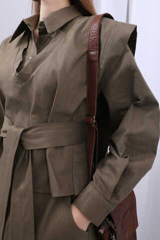 Süveterli Gömlek Etek Takım Kahverengi - 17