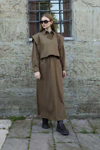 Süveterli Gömlek Etek Takım Kahverengi - 3