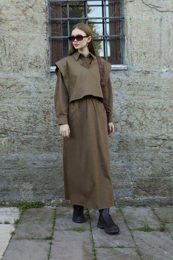 Süveterli Gömlek Etek Takım Kahverengi - 3