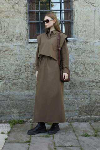 Süveterli Gömlek Etek Takım Kahverengi - 4