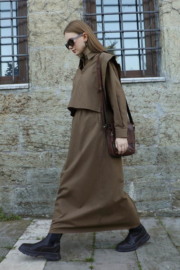 Süveterli Gömlek Etek Takım Kahverengi - 5