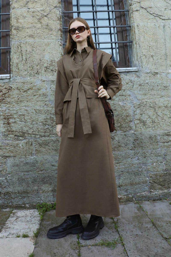 Süveterli Gömlek Etek Takım Kahverengi - 7