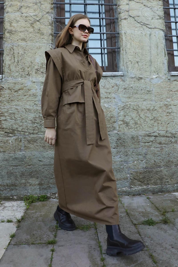 Süveterli Gömlek Etek Takım Kahverengi - 10