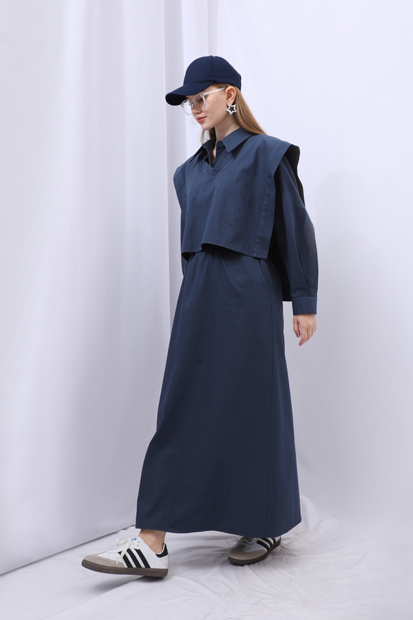 Süveterli Gömlek Etek Takım Lacivert - 5