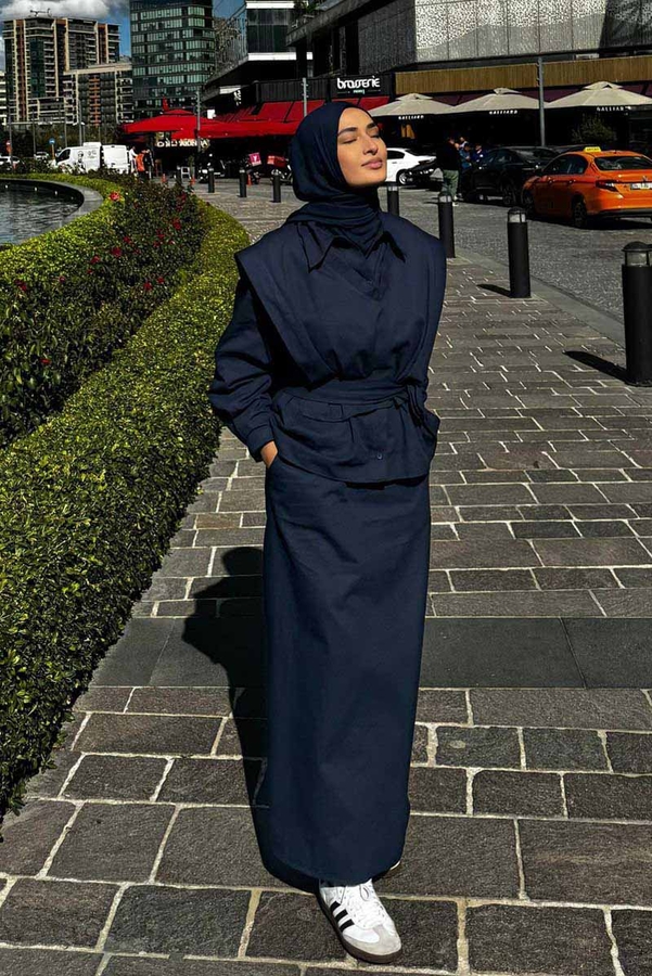 Süveterli Gömlek Etek Takım Lacivert - 1