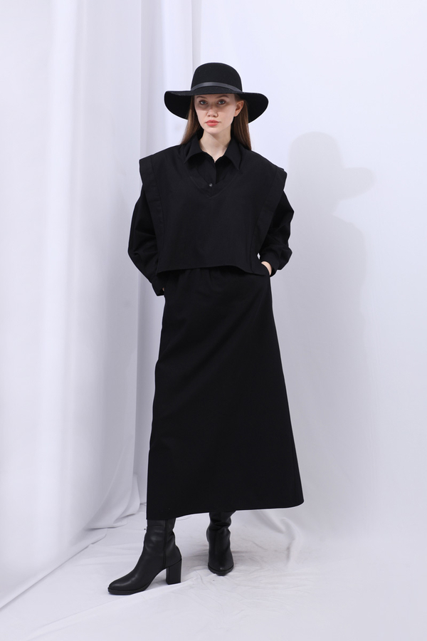 Süveterli Gömlek Etek Takım Siyah - 2