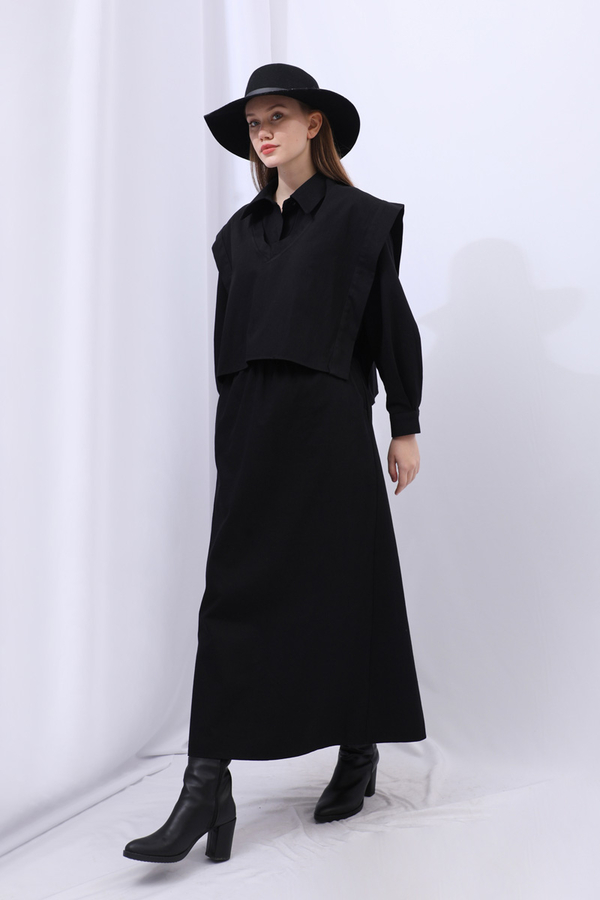 Süveterli Gömlek Etek Takım Siyah - 4