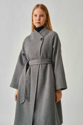 Tek Düğmeli Kruvaze Kaban Gri - 3