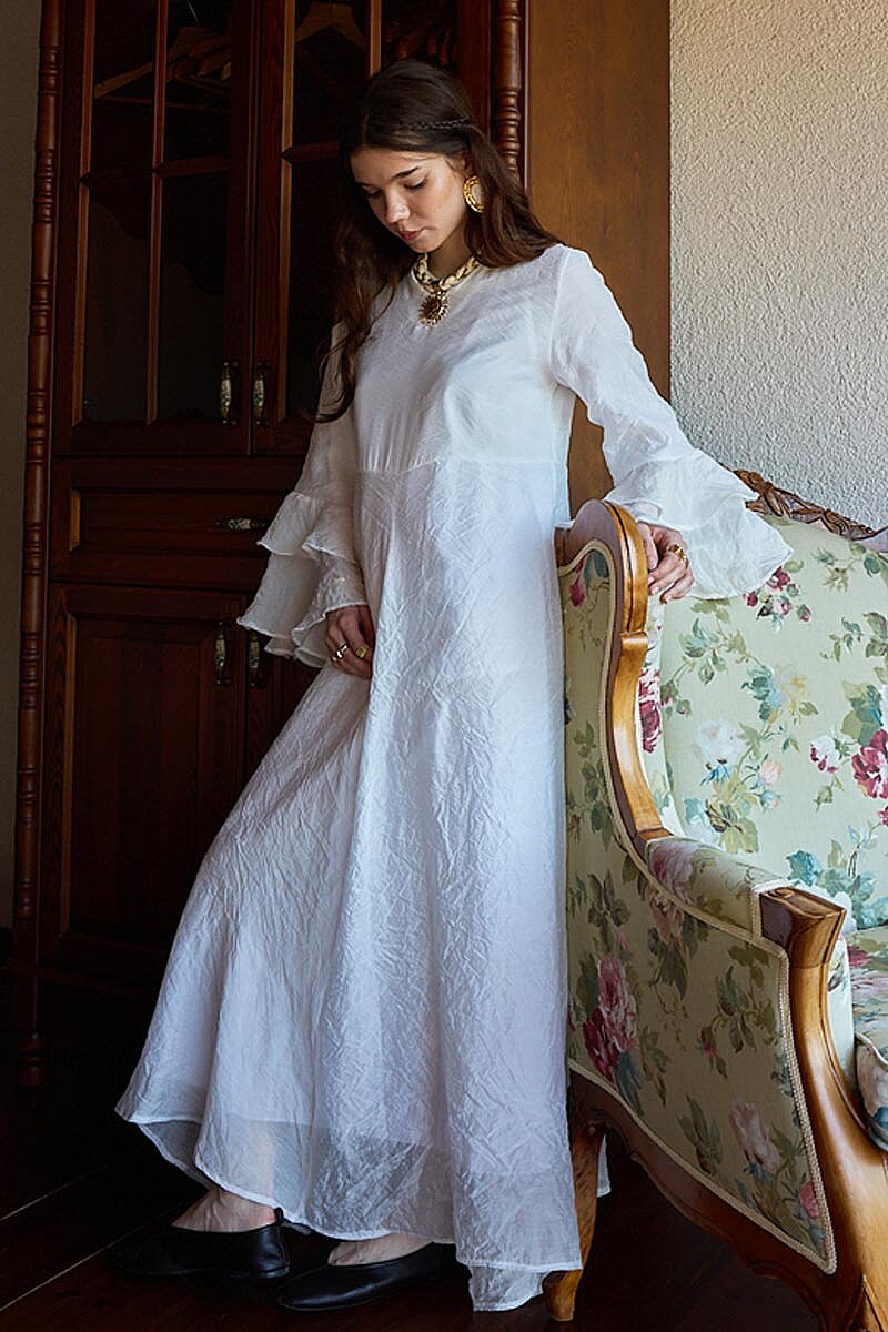 Tencel Kolu Volanlı Elbise Beyaz - 3