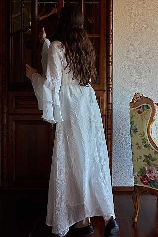 Tencel Kolu Volanlı Elbise Beyaz - 5