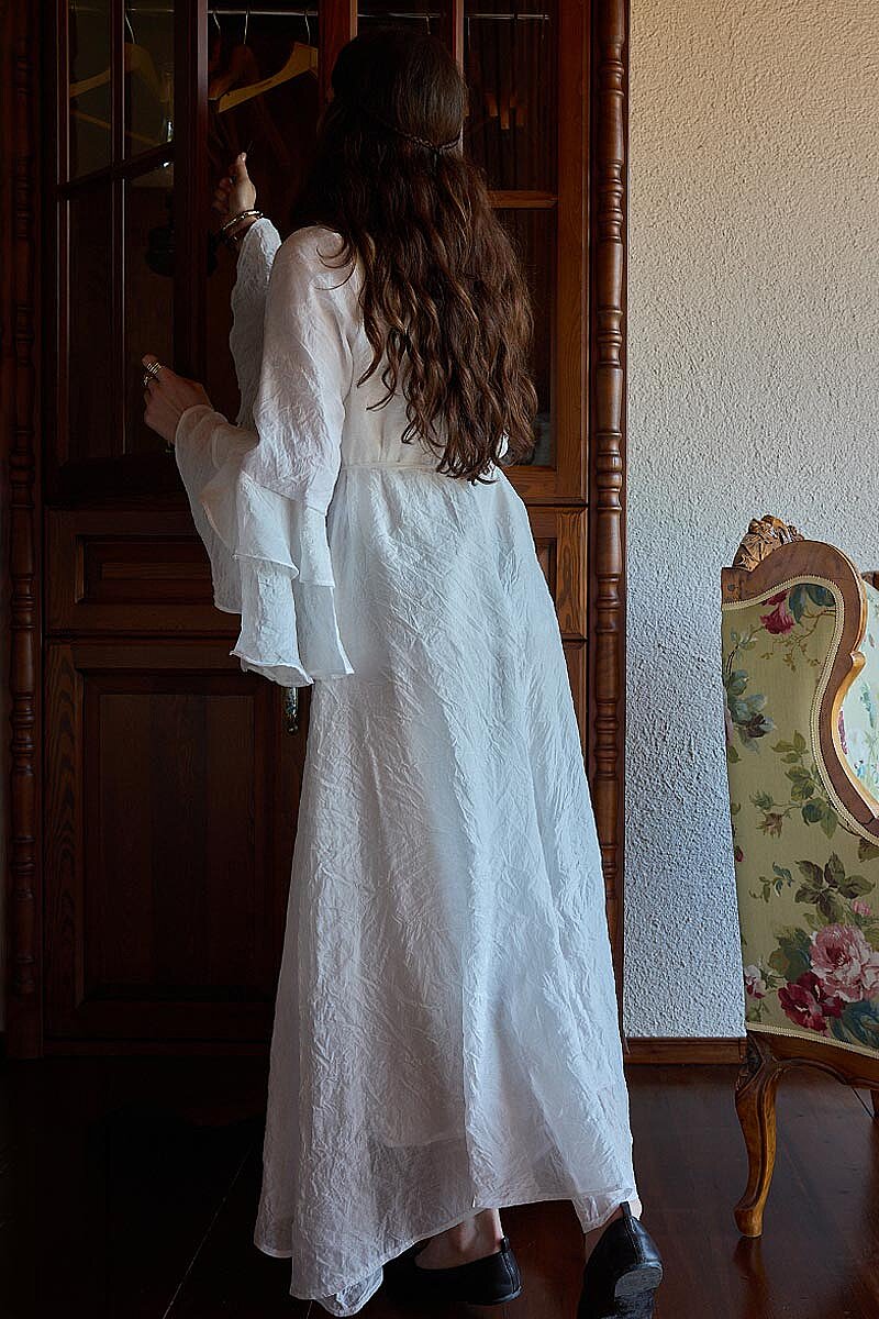 Tencel Kolu Volanlı Elbise Beyaz - 5