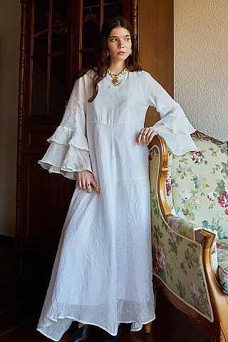 Tencel Kolu Volanlı Elbise Beyaz - 6