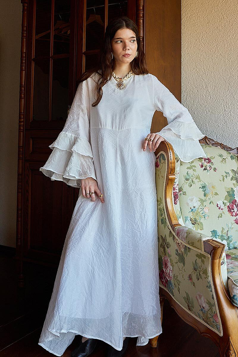 Tencel Kolu Volanlı Elbise Beyaz - 6