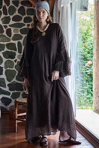 Tencel Kolu Volanlı Elbise Kahve - 1
