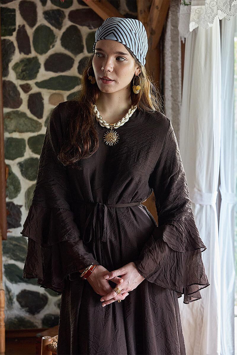 Tencel Kolu Volanlı Elbise Kahve - 2