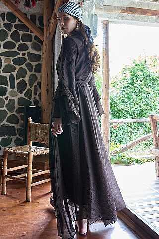Tencel Kolu Volanlı Elbise Kahve - 5
