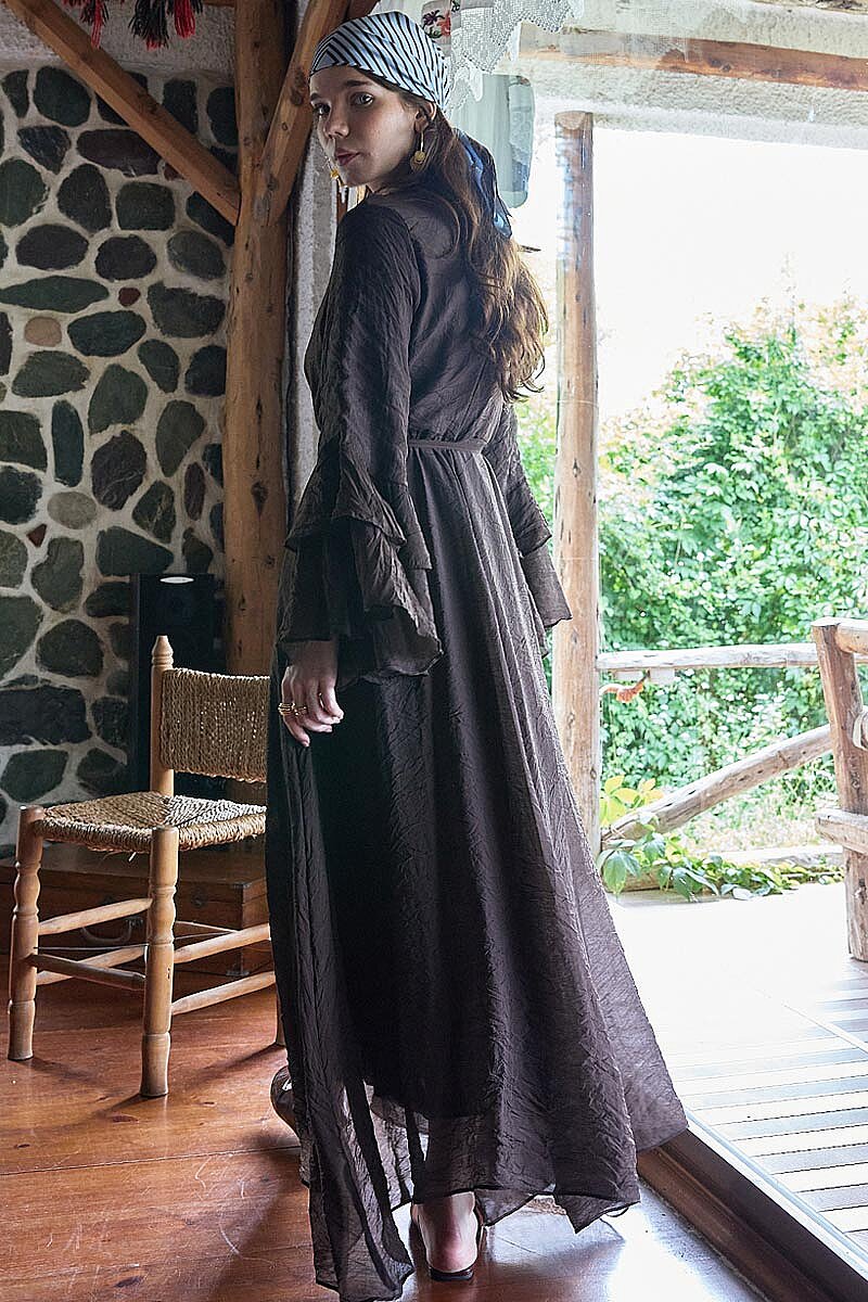 Tencel Kolu Volanlı Elbise Kahve - 5