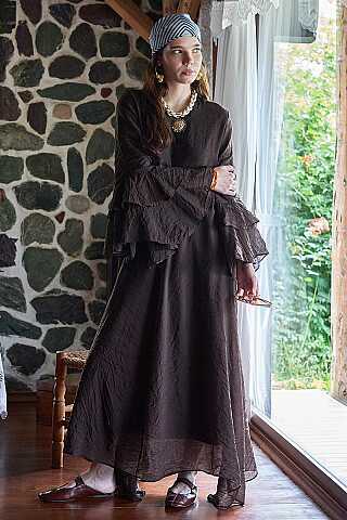 Tencel Kolu Volanlı Elbise Kahve - 6