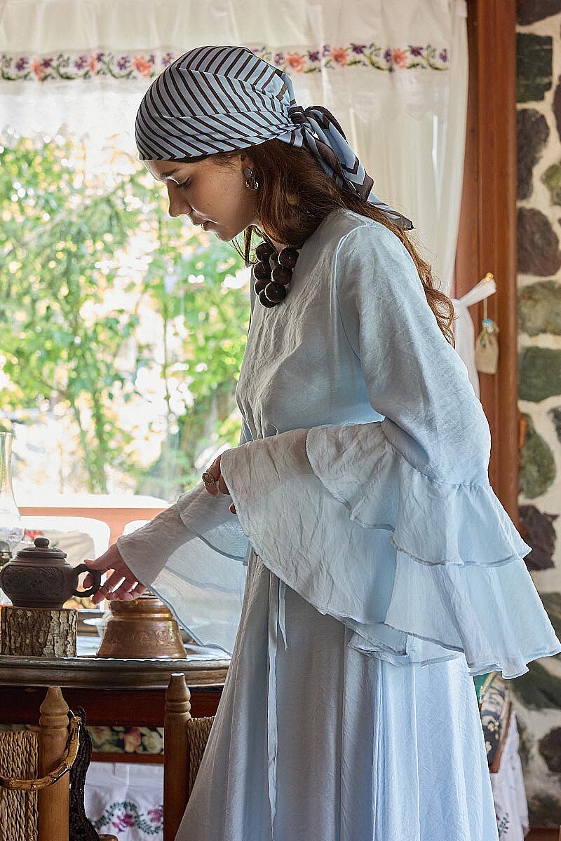 Tencel Kolu Volanlı Elbise Mavi - 2