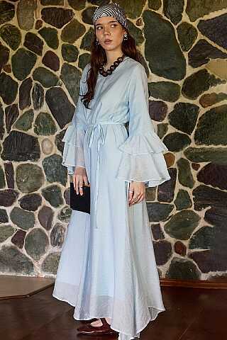 Tencel Kolu Volanlı Elbise Mavi - 3