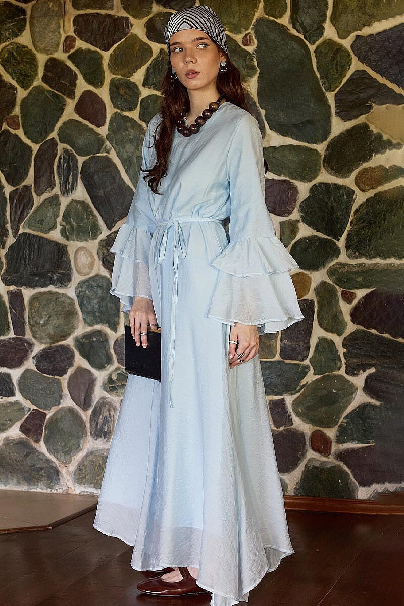 Tencel Kolu Volanlı Elbise Mavi - 3