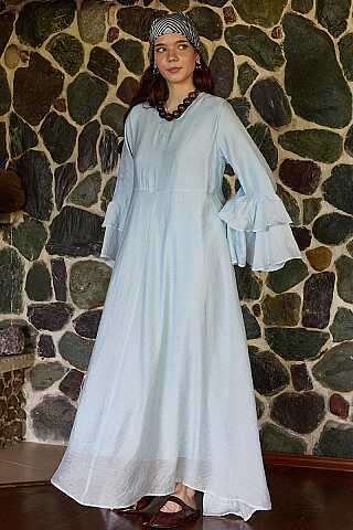 Tencel Kolu Volanlı Elbise Mavi - 5