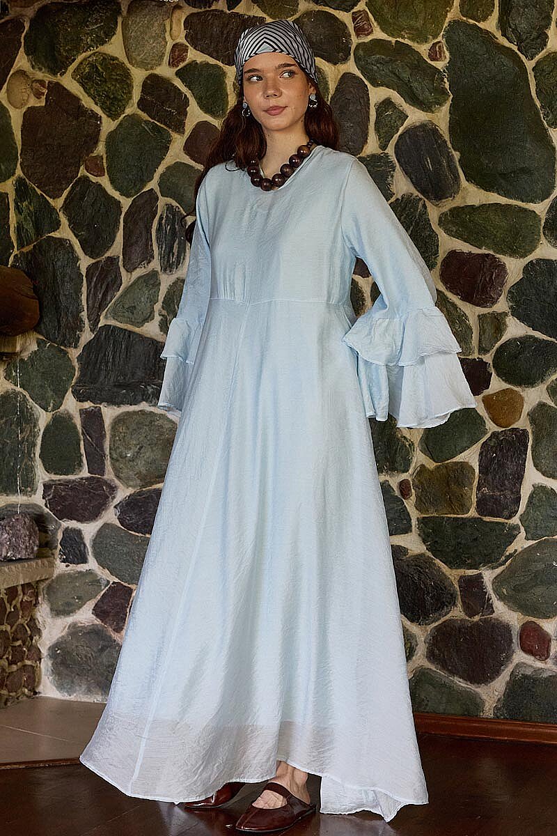 Tencel Kolu Volanlı Elbise Mavi - 5