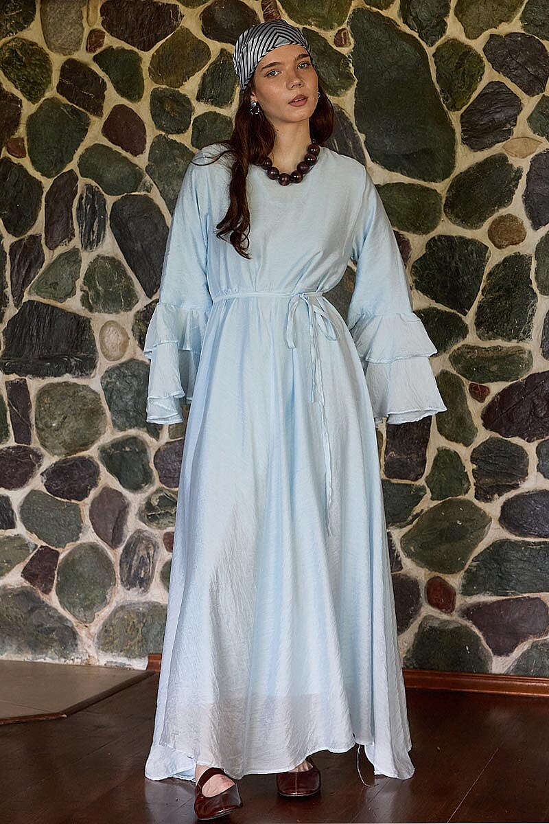 Tencel Kolu Volanlı Elbise Mavi - 6
