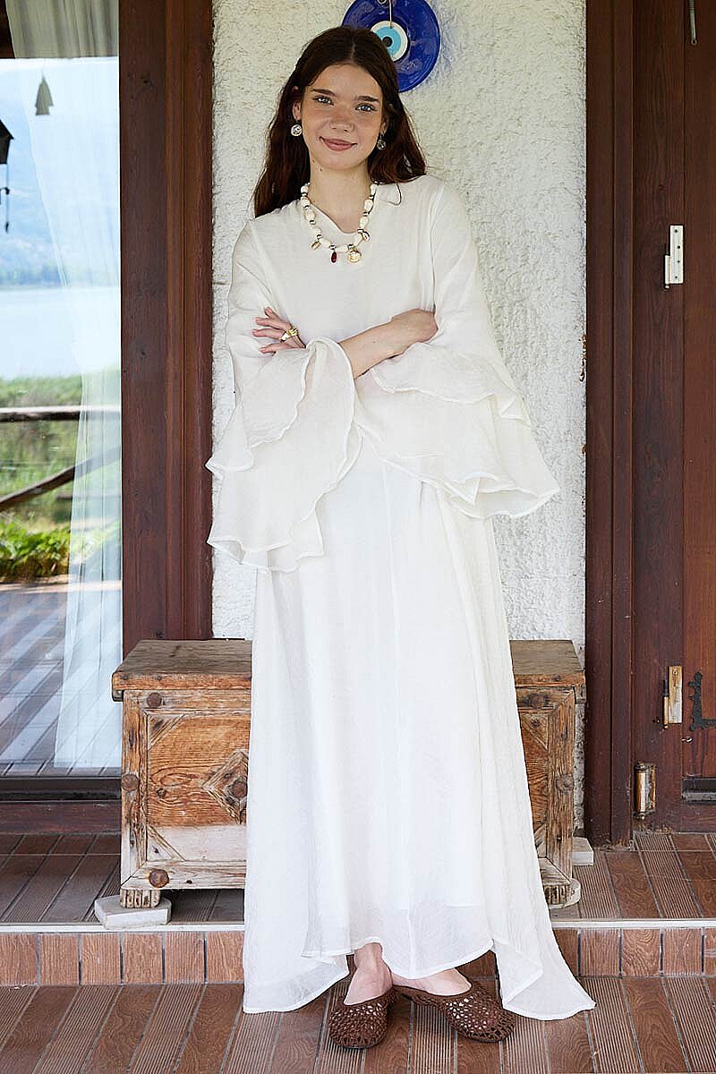 Tencel Kolu Volanlı Elbise Taş - 5