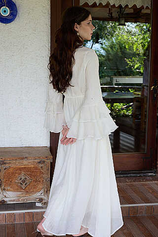 Tencel Kolu Volanlı Elbise Taş - 6