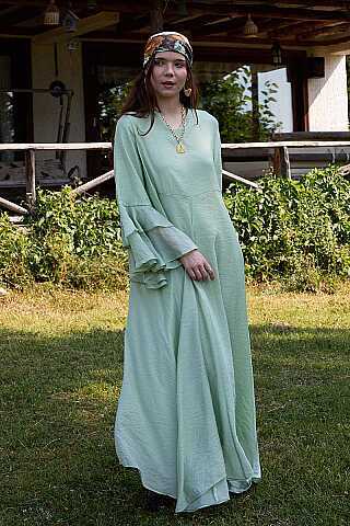 Tencel Kolu Volanlı Elbise Yeşil - 2