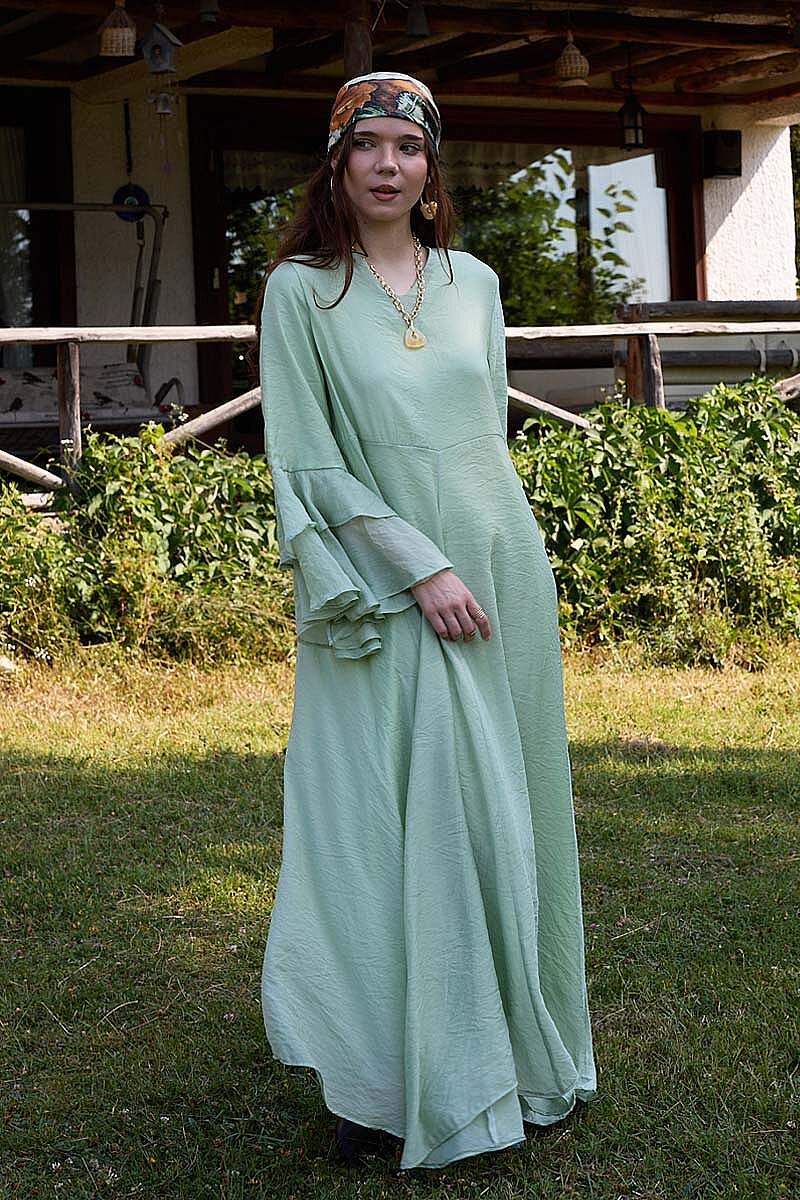 Tencel Kolu Volanlı Elbise Yeşil - 2
