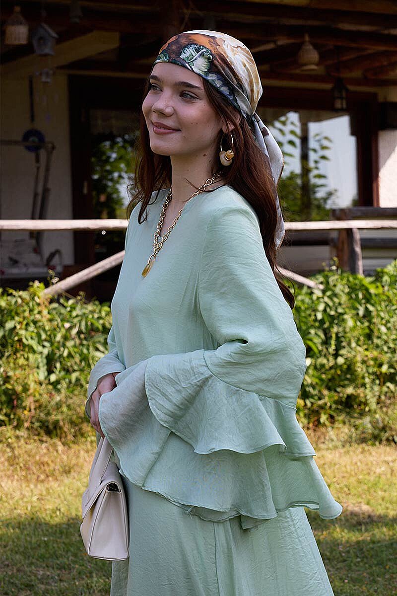 Tencel Kolu Volanlı Elbise Yeşil - 4