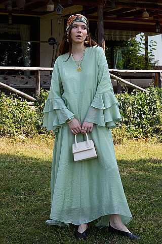 Tencel Kolu Volanlı Elbise Yeşil - 6