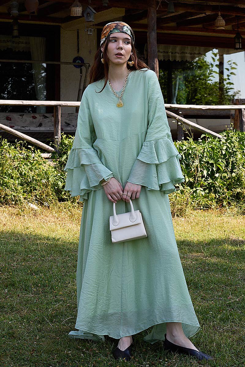Tencel Kolu Volanlı Elbise Yeşil - 6