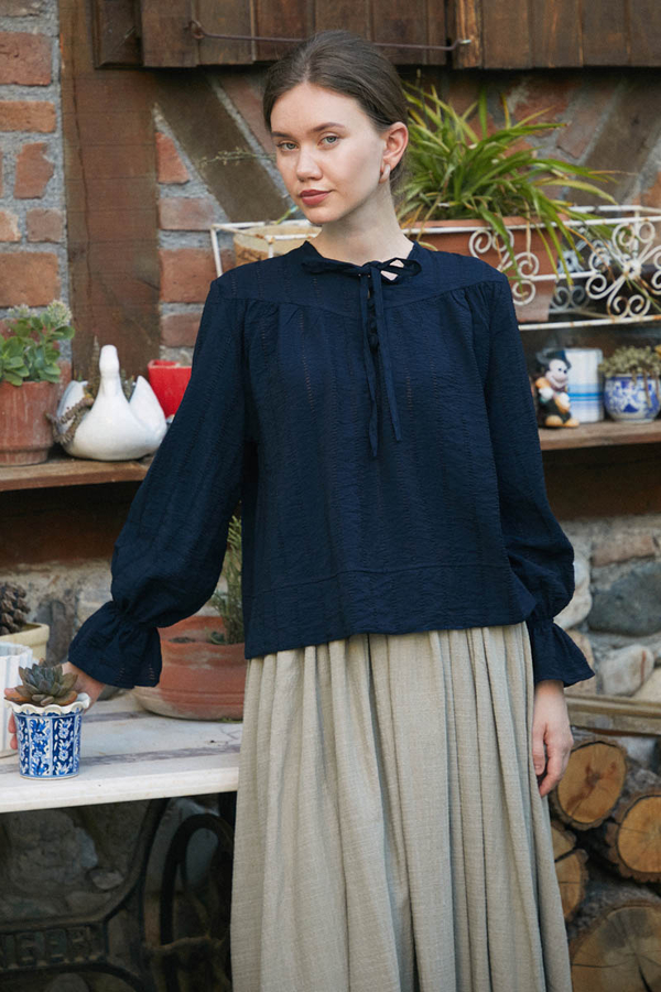 Textured Stripe Blouse Navy Blue - 12