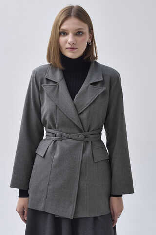 Tie Detail Blazer Jacket Grey - 4