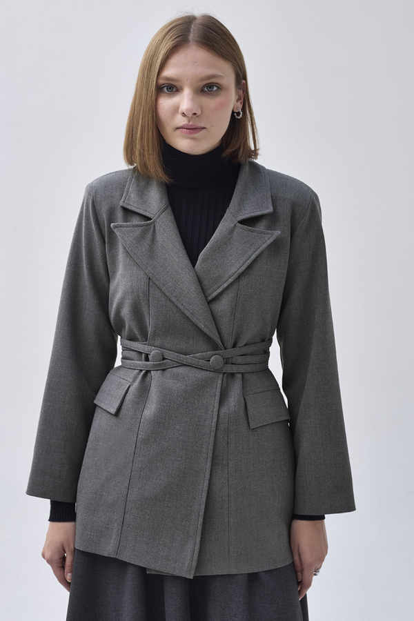 Tie Detail Blazer Jacket Grey - 4