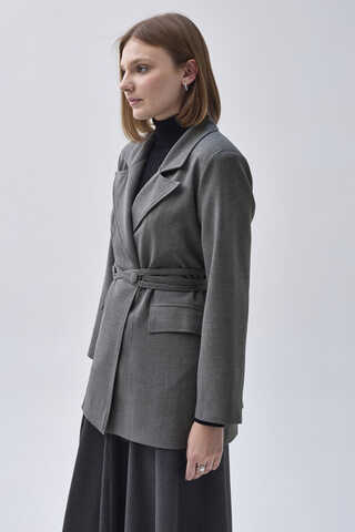Tie Detail Blazer Jacket Grey - 5