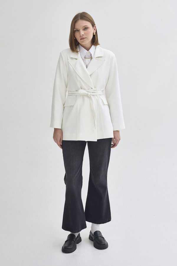 Tie Detail Blazer Jacket White - 4