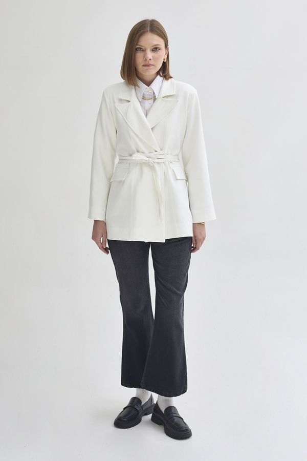 Tie Detail Blazer Jacket White - 6