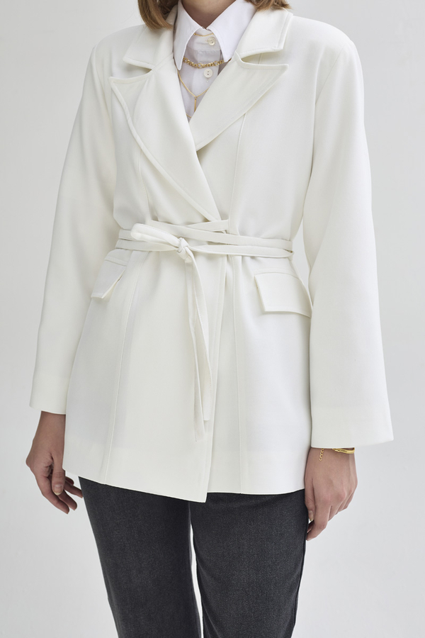Tie Detail Blazer Jacket White - 7