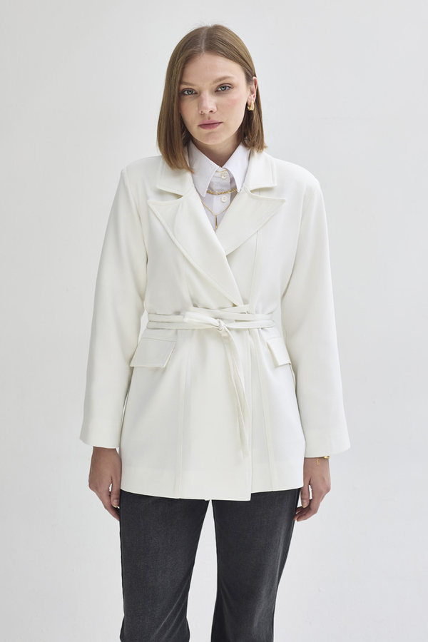 Tie Detail Blazer Jacket White - 3