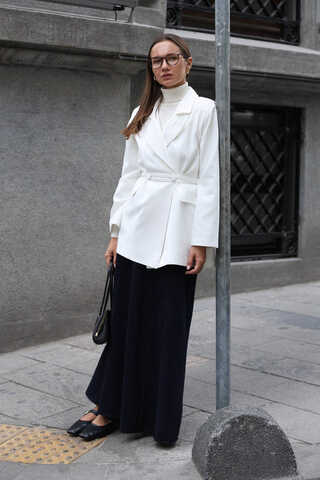 Tie Detail Blazer Jacket White - 2