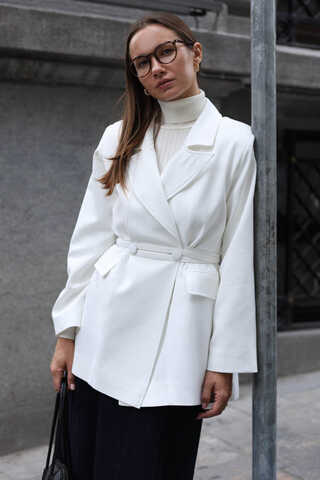 Tie Detail Blazer Jacket White - 1